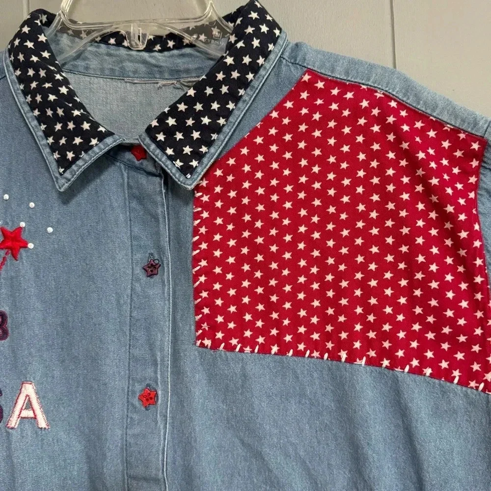 Patriotic USA Patches Embroidered Embellished Red White Blue Denim Shirt Size 3X - Picture 3 of 10